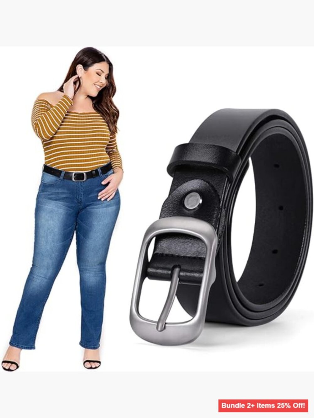 Plus Size Leather Belt with Polished Buckle for Jeans Pants